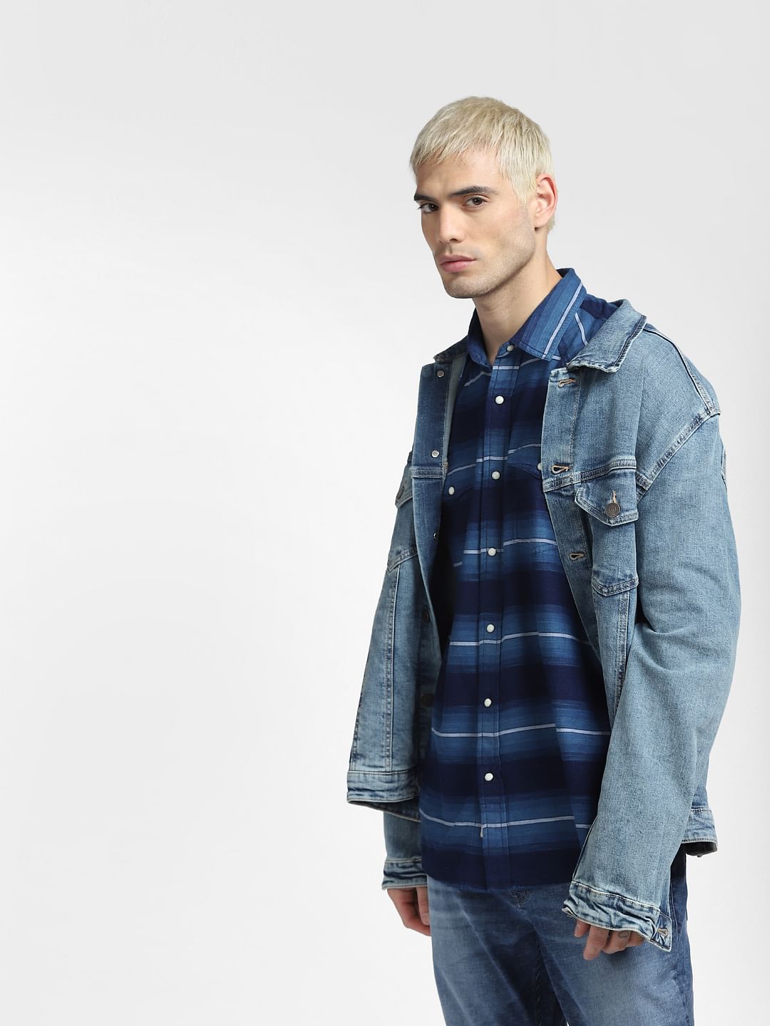 Blue Striped Full Sleeves Shirt - S