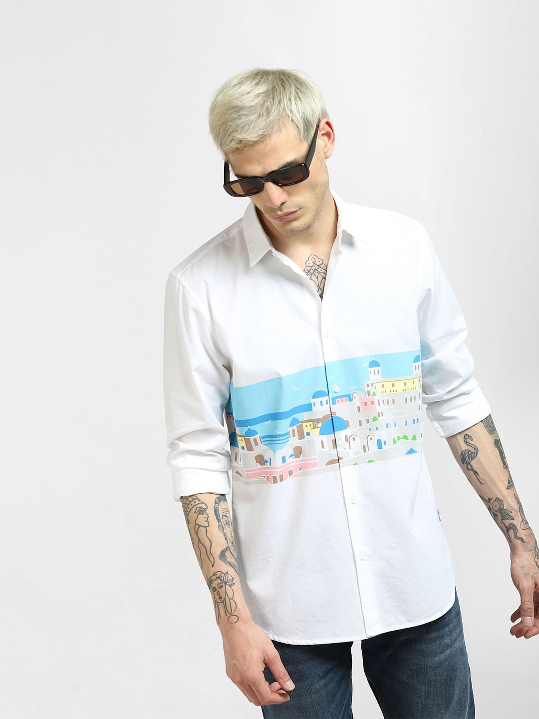 White Graphic Print Full Sleeves Shirt