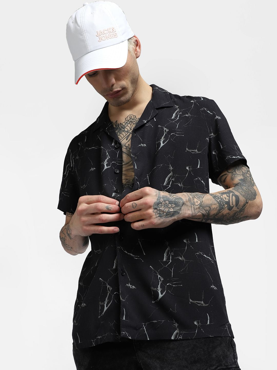 Black Abstract Print Half Sleeves Shirt - S