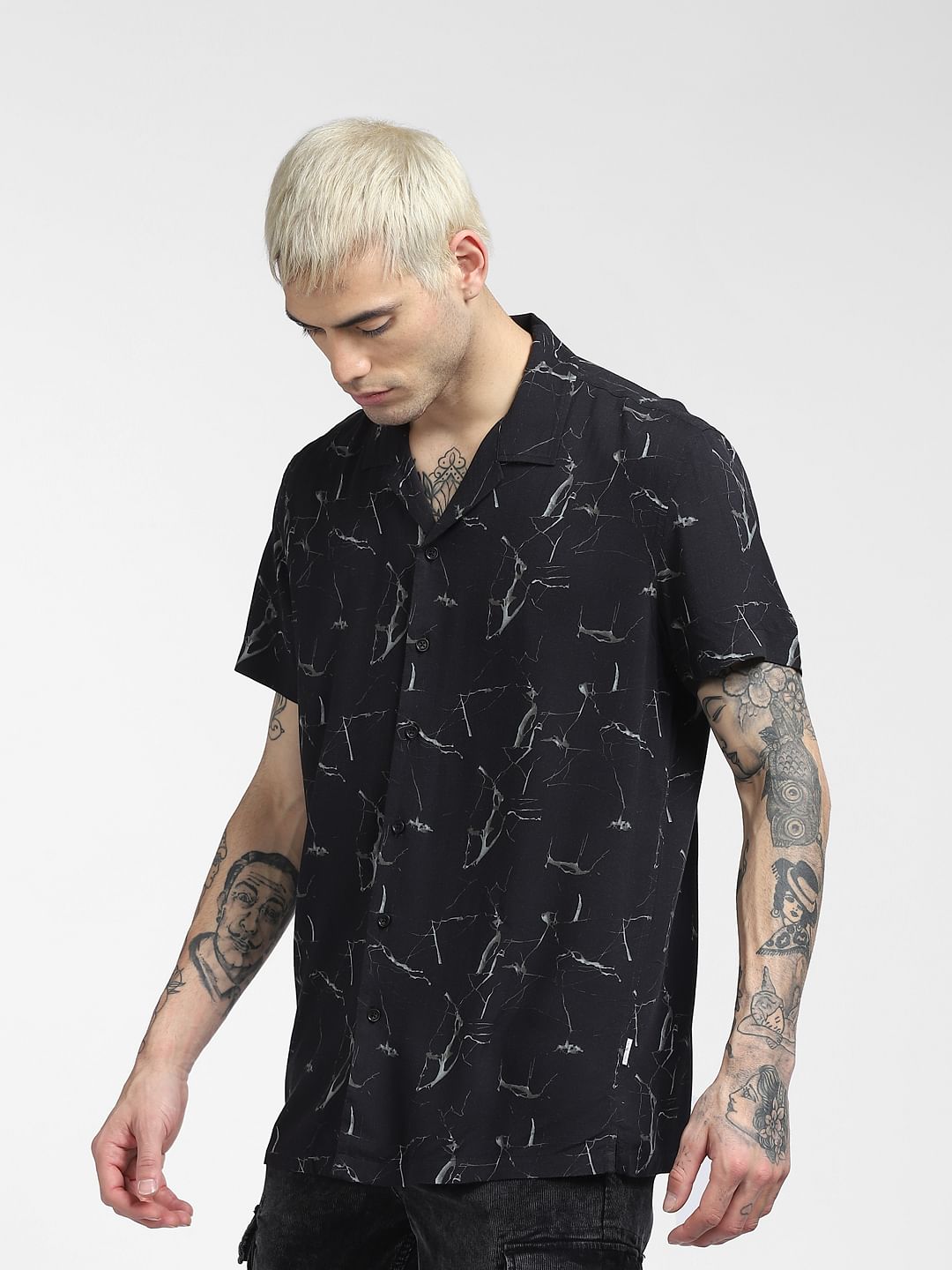 Black Abstract Print Half Sleeves Shirt