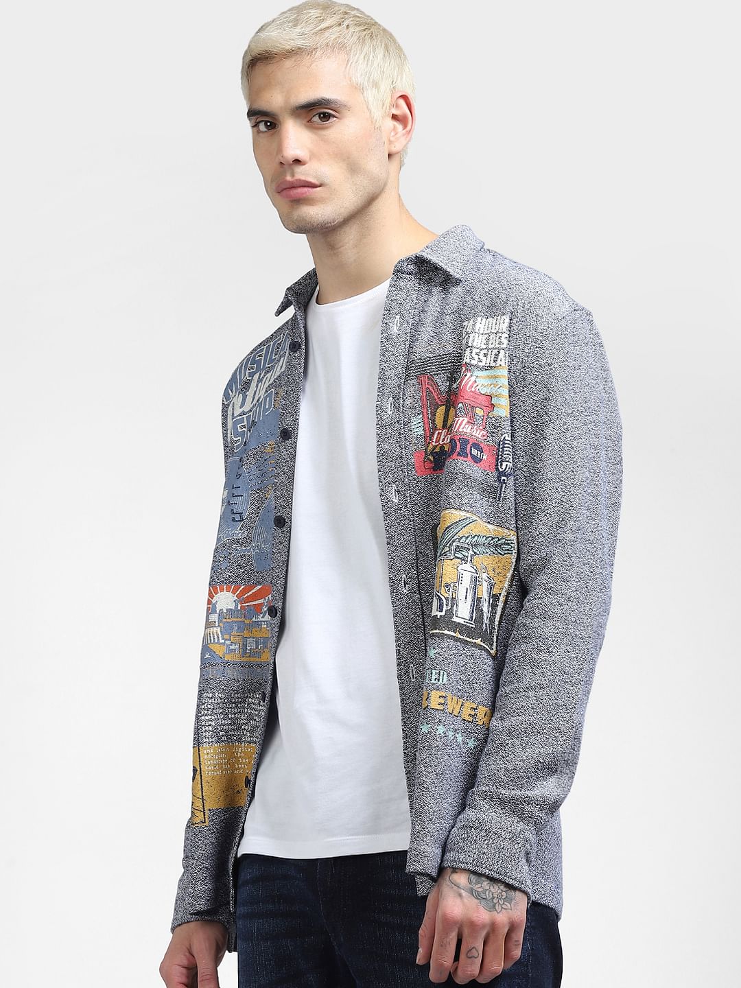 Blue Textured Placement Print Full Sleeves Shirt - S