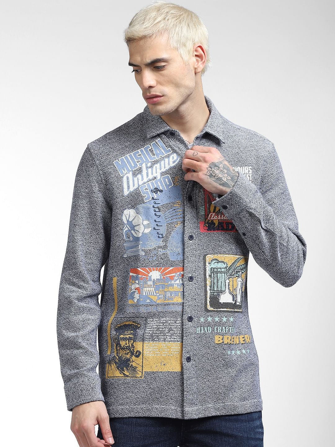 Blue Textured Placement Print Full Sleeves Shirt
