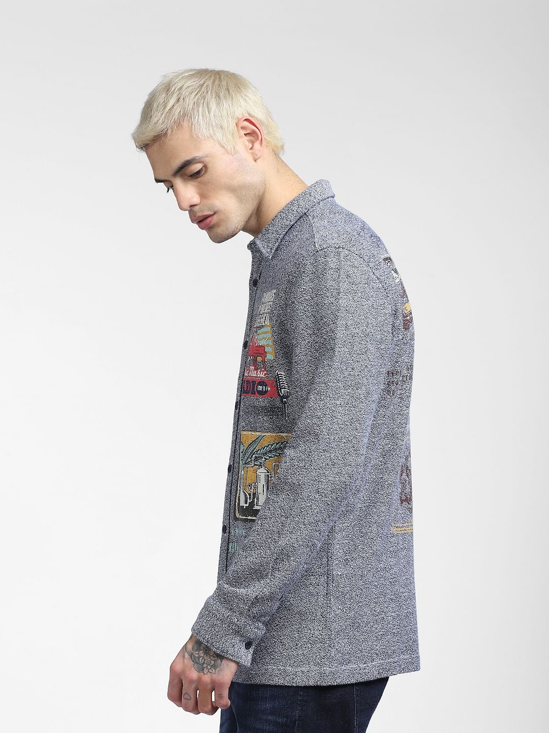 Blue Textured Placement Print Full Sleeves Shirt