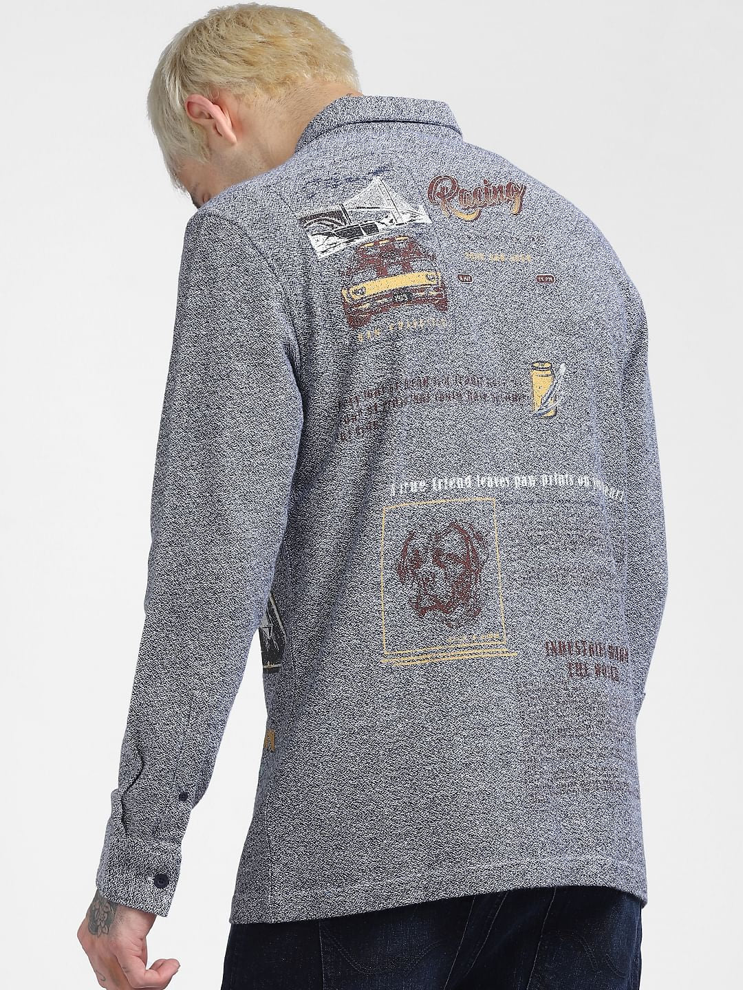 Blue Textured Placement Print Full Sleeves Shirt
