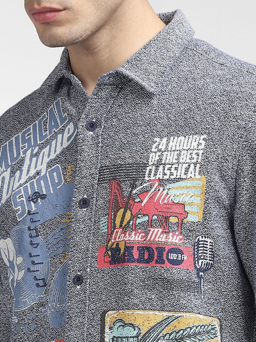Blue Textured Placement Print Full Sleeves Shirt