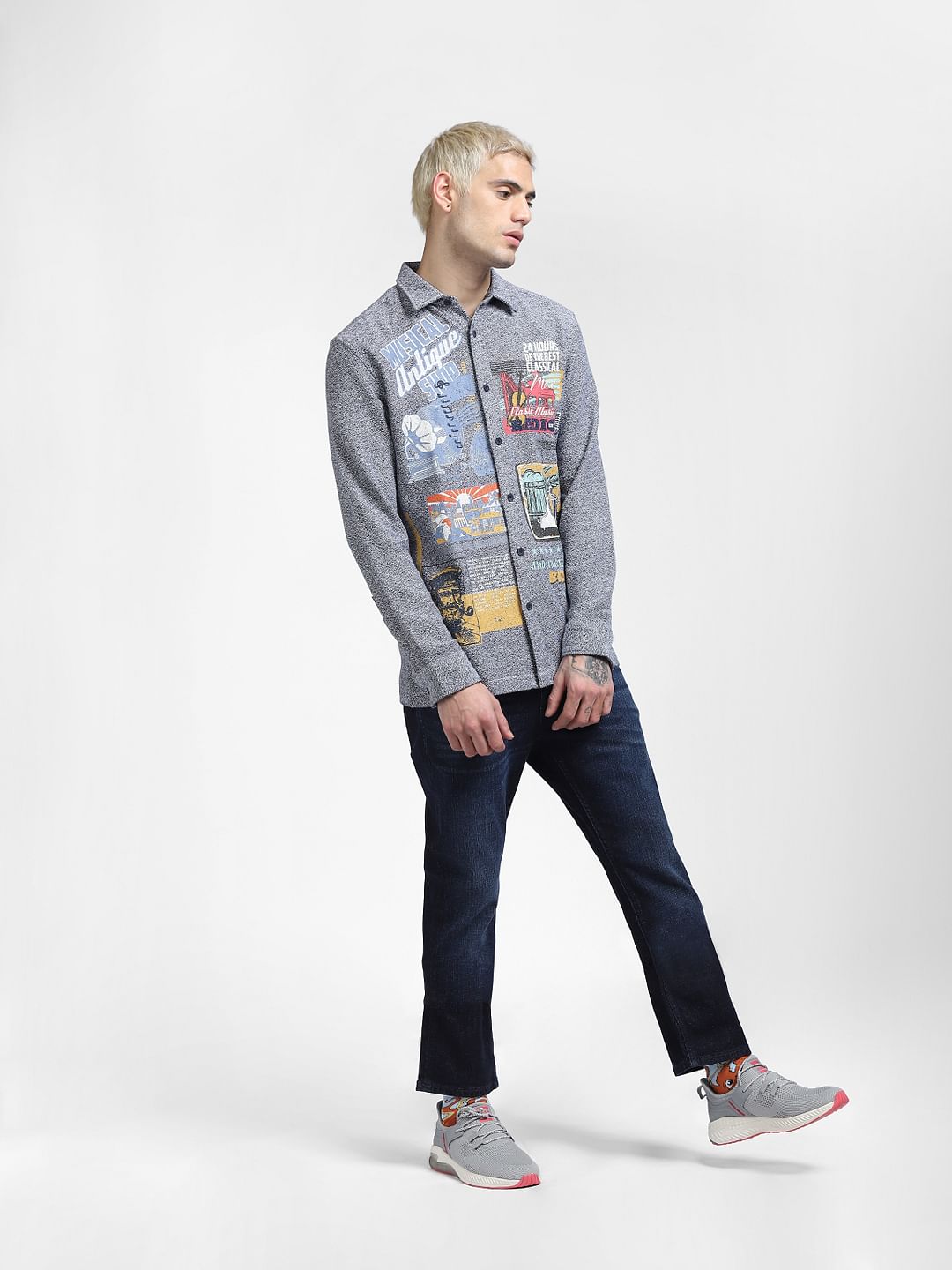 Blue Textured Placement Print Full Sleeves Shirt