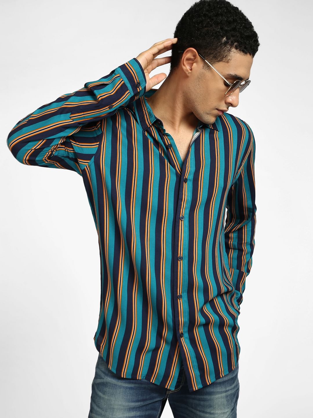 Blue Vertical Stripe Full Sleeves Shirt - S