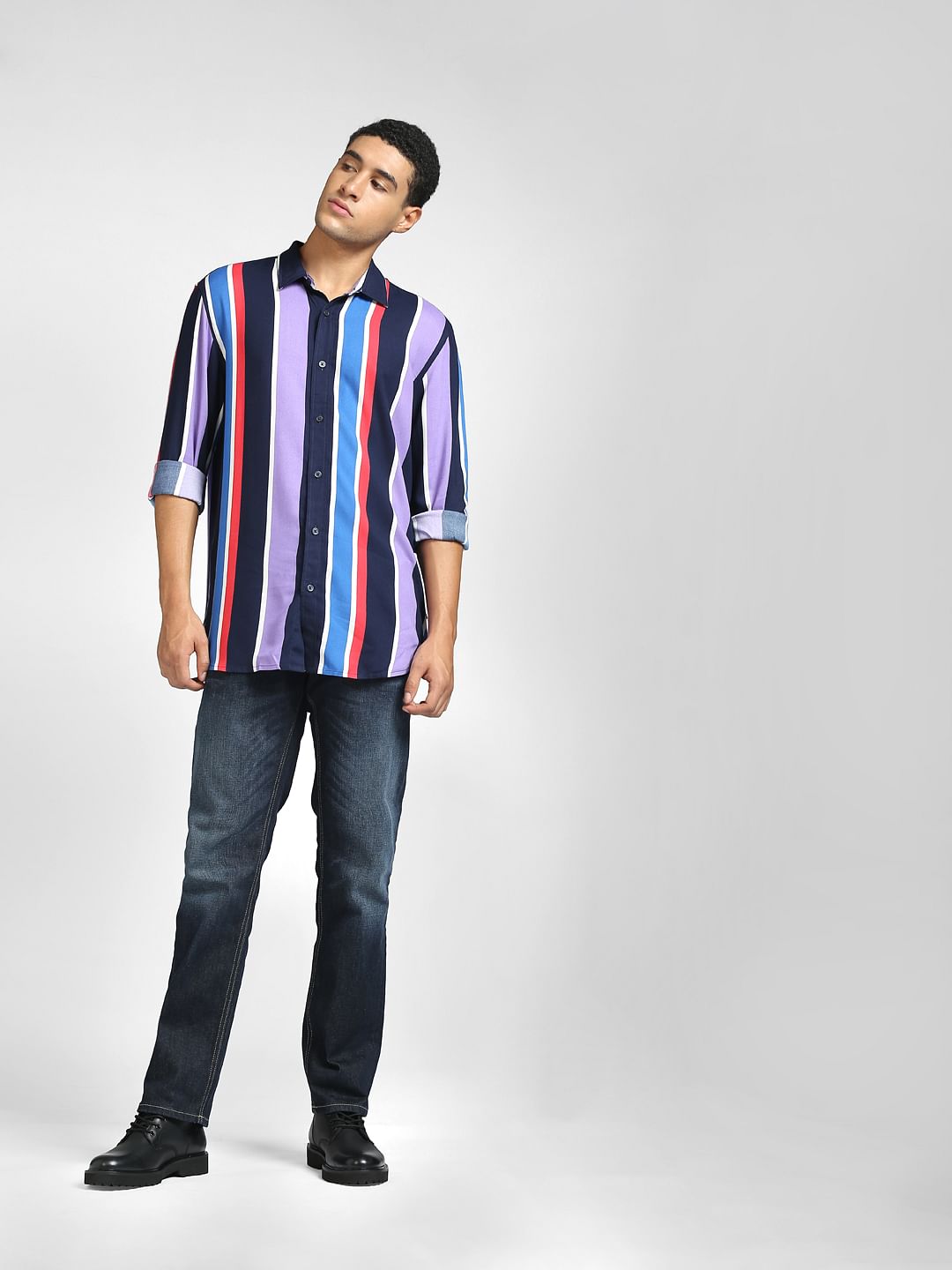 Purple Vertical Stripe Full Sleeves Shirt