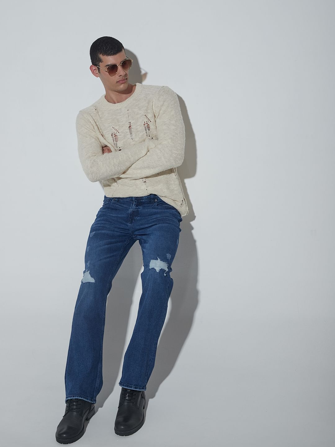 Blue High Rise Ripped Bootcut Jeans - 28/30
