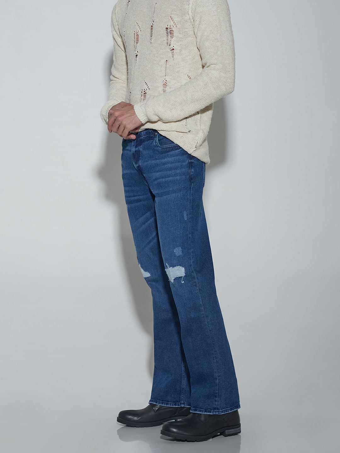 Blue High Rise Ripped Bootcut Jeans