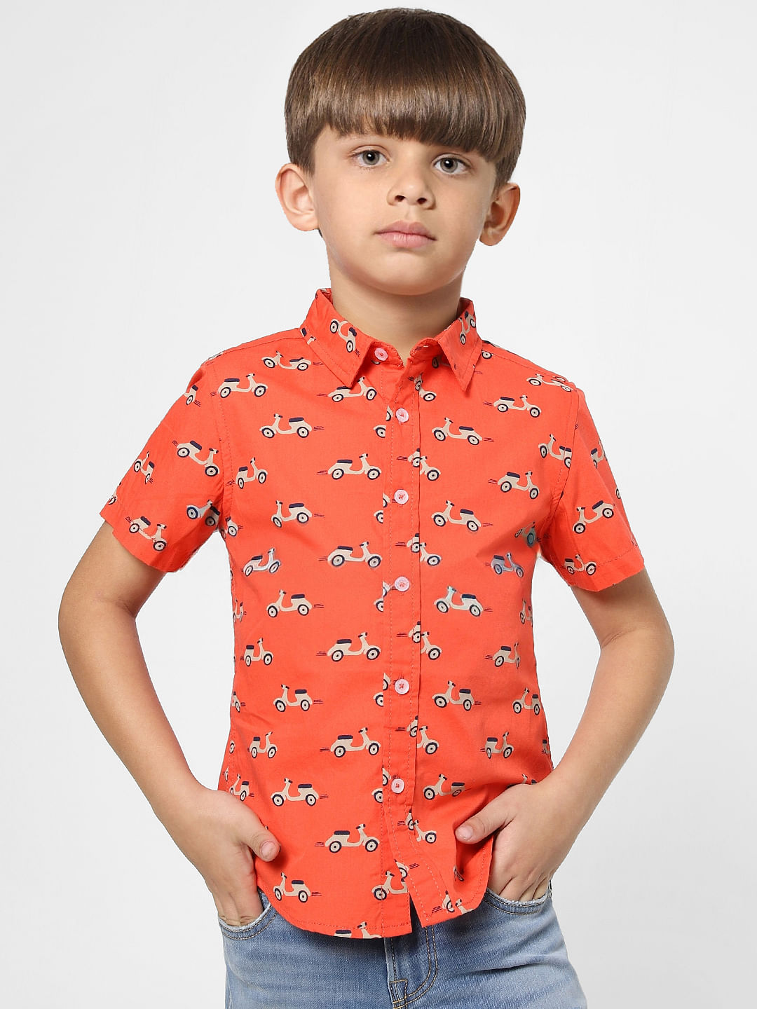 Boys Orange Scooter Print Half Sleeves Shirt - 4/5Y