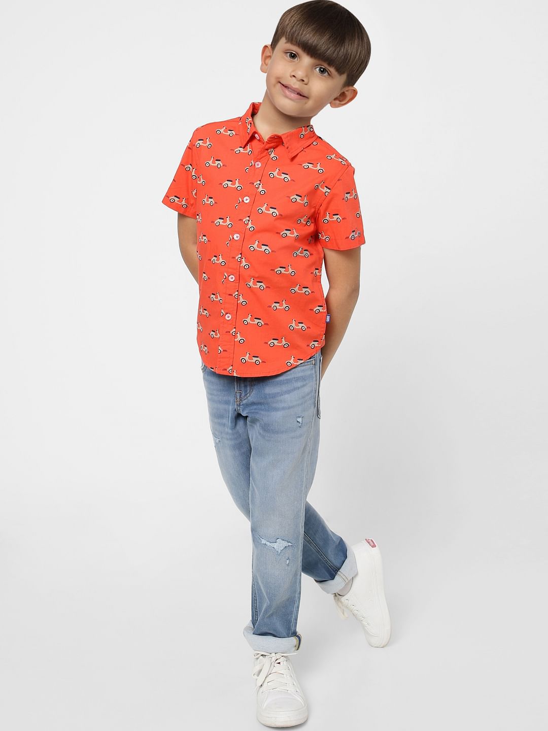 Boys Orange Scooter Print Half Sleeves Shirt