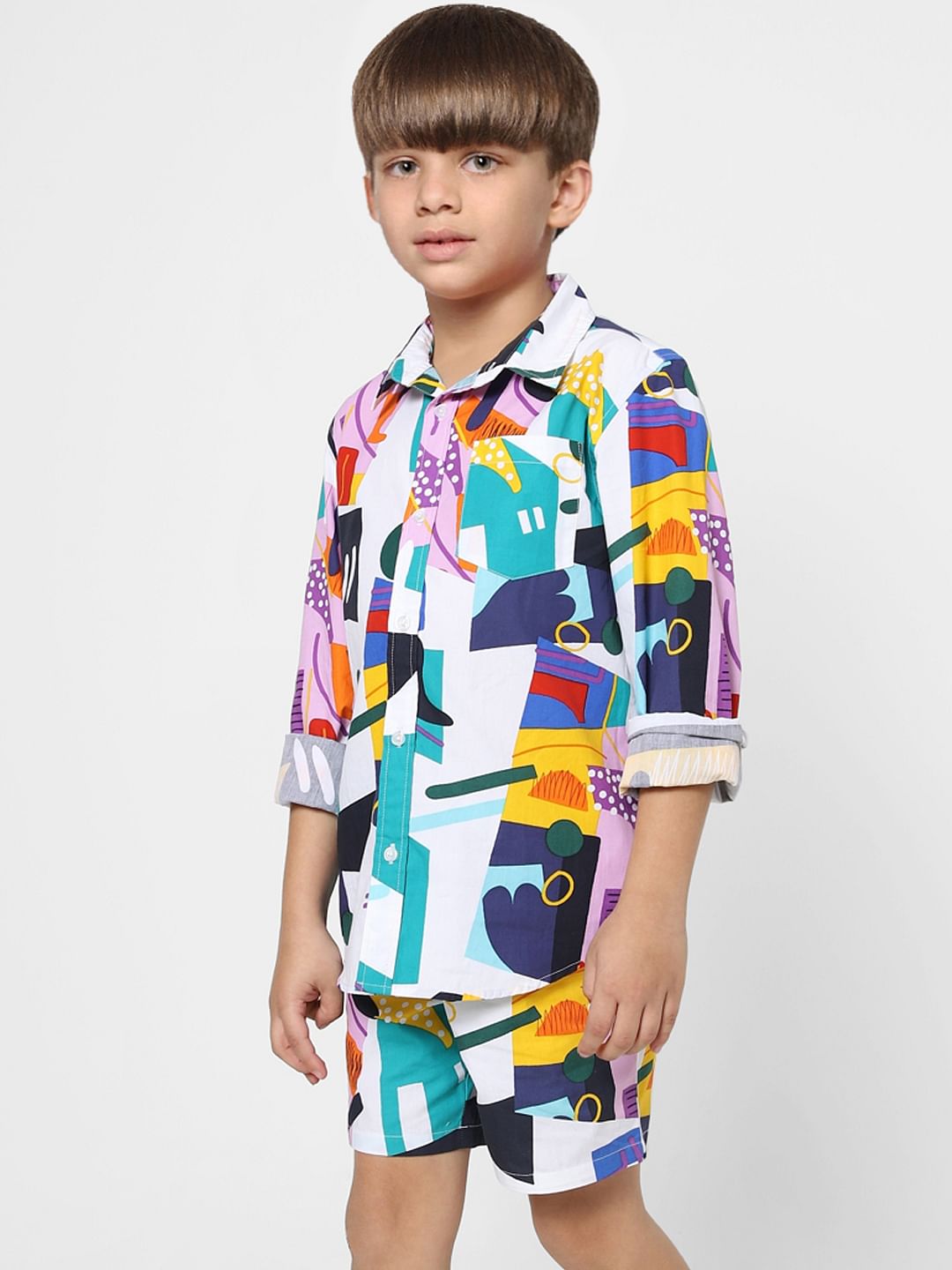 Boys White Abstract Print Co-ord Shirt