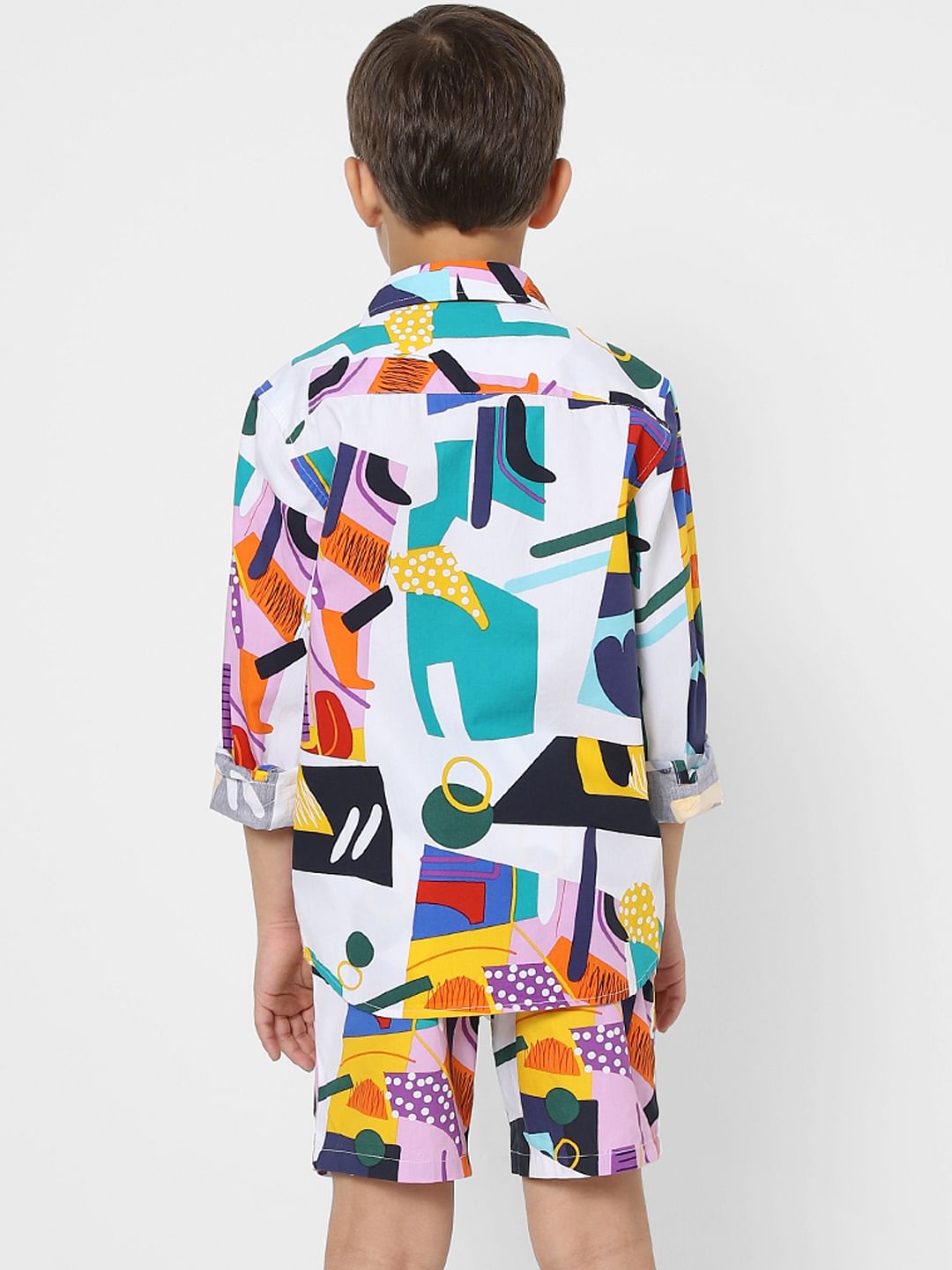 Boys White Abstract Print Co-ord Shirt