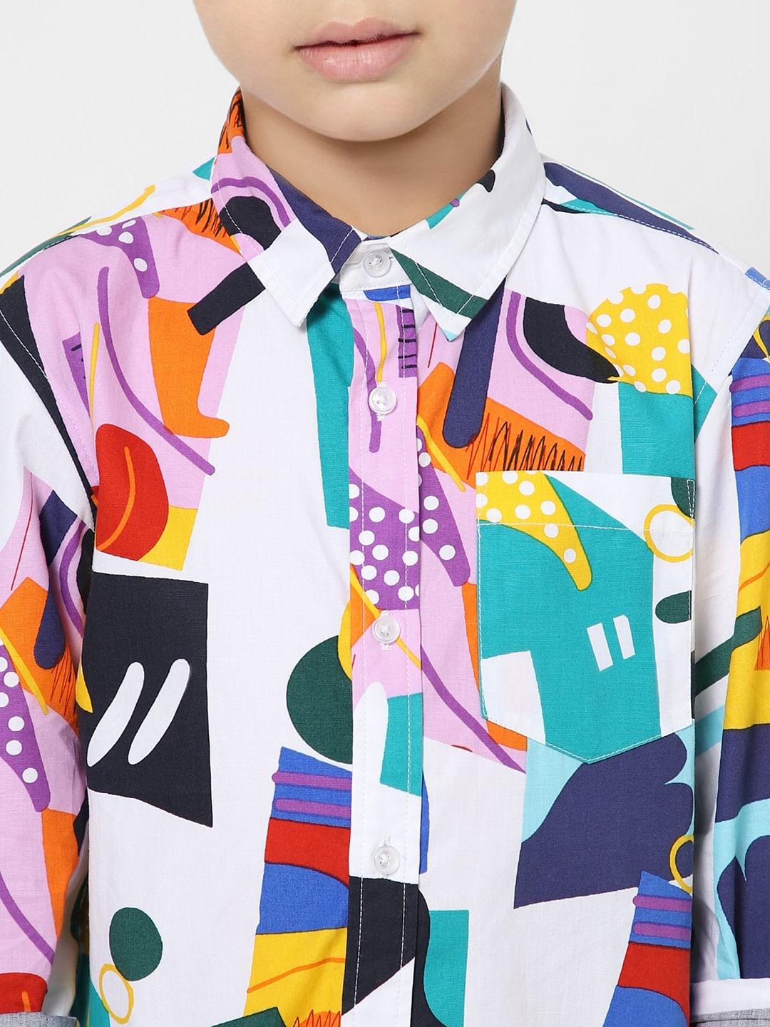 Boys White Abstract Print Co-ord Shirt