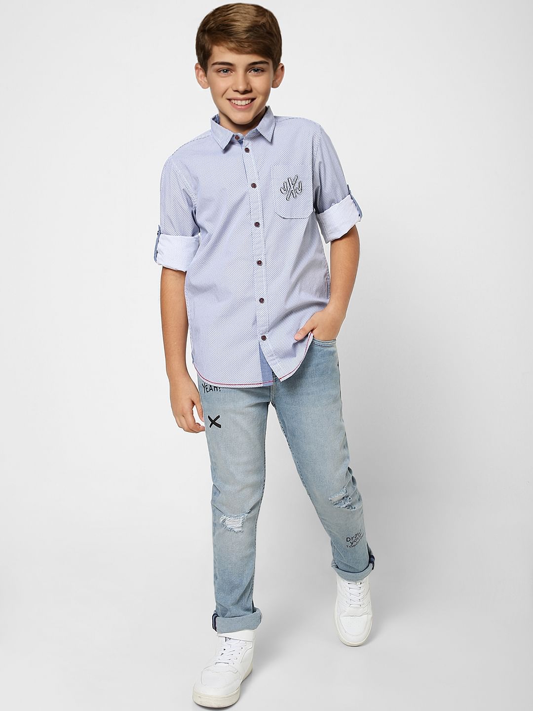 Boys Blue Printed Full Sleeves Shirt - 4/5Y