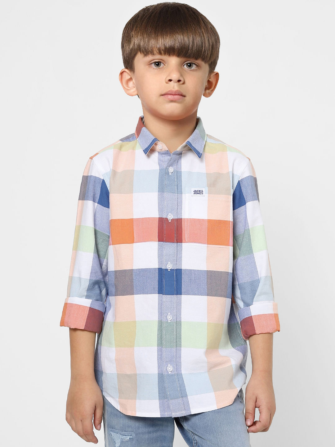 Boys White Check Full Sleeves Shirt