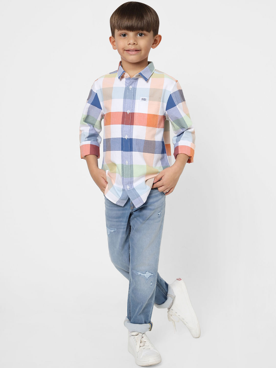 Boys White Check Full Sleeves Shirt