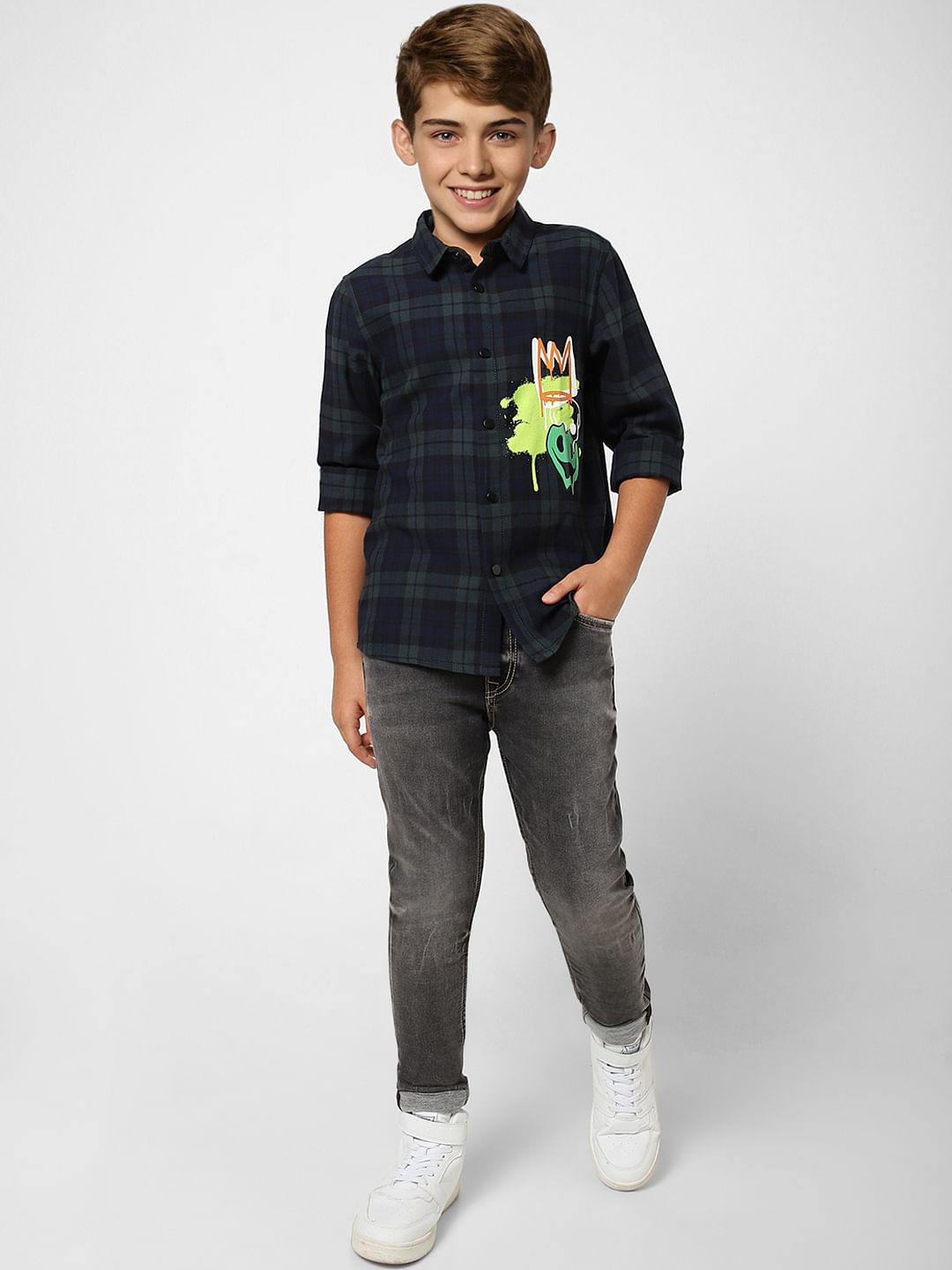 Boys Green Check Full Sleeves Shirt