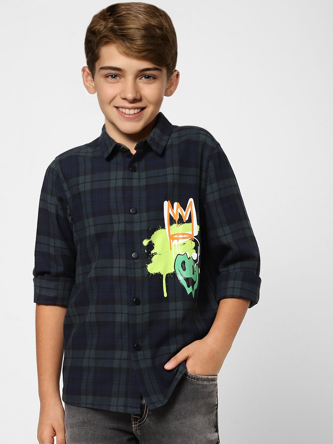Boys Green Check Full Sleeves Shirt