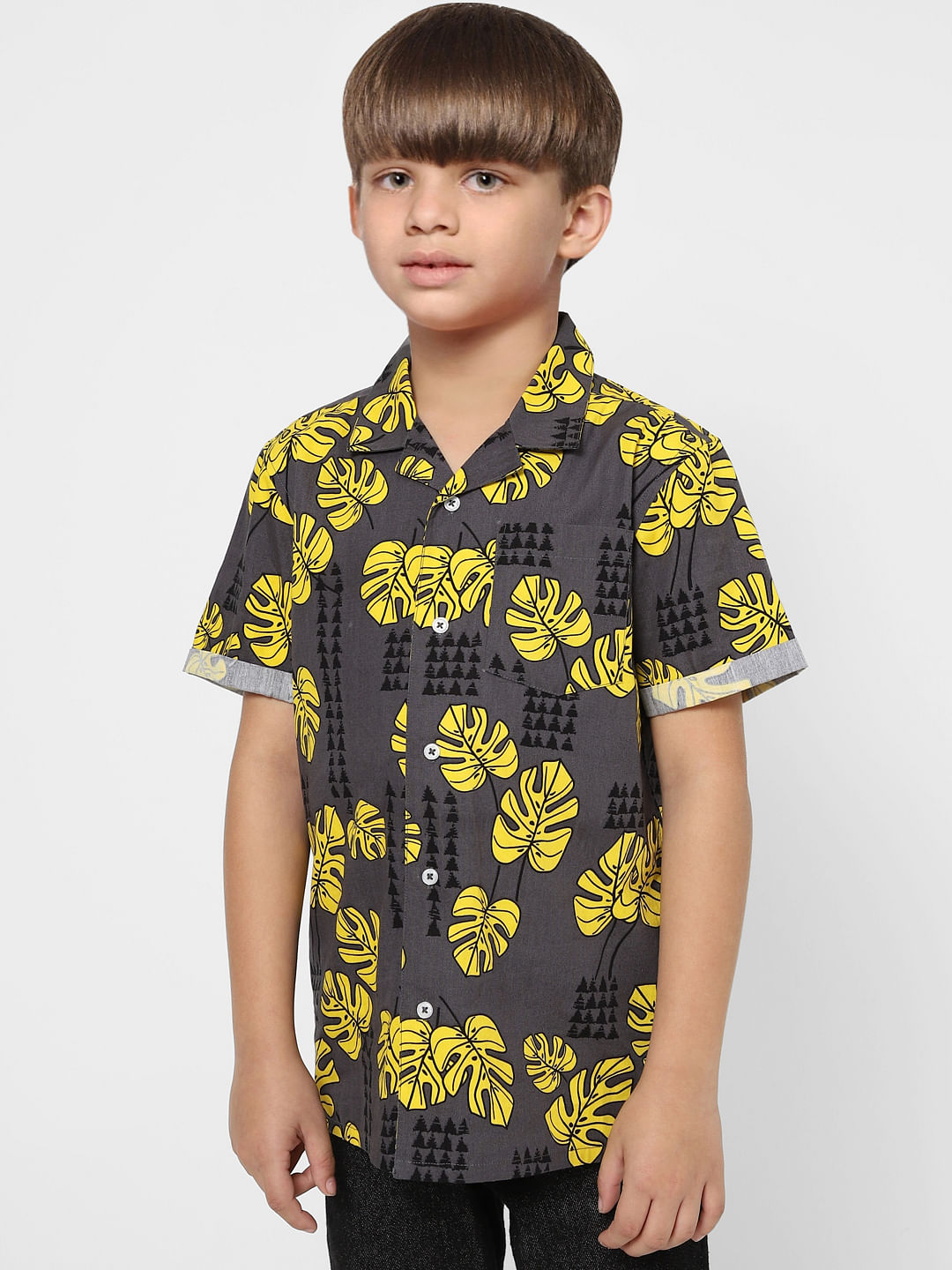 Boys Grey Monstera Print Half Sleeves Shirt - 4/5Y