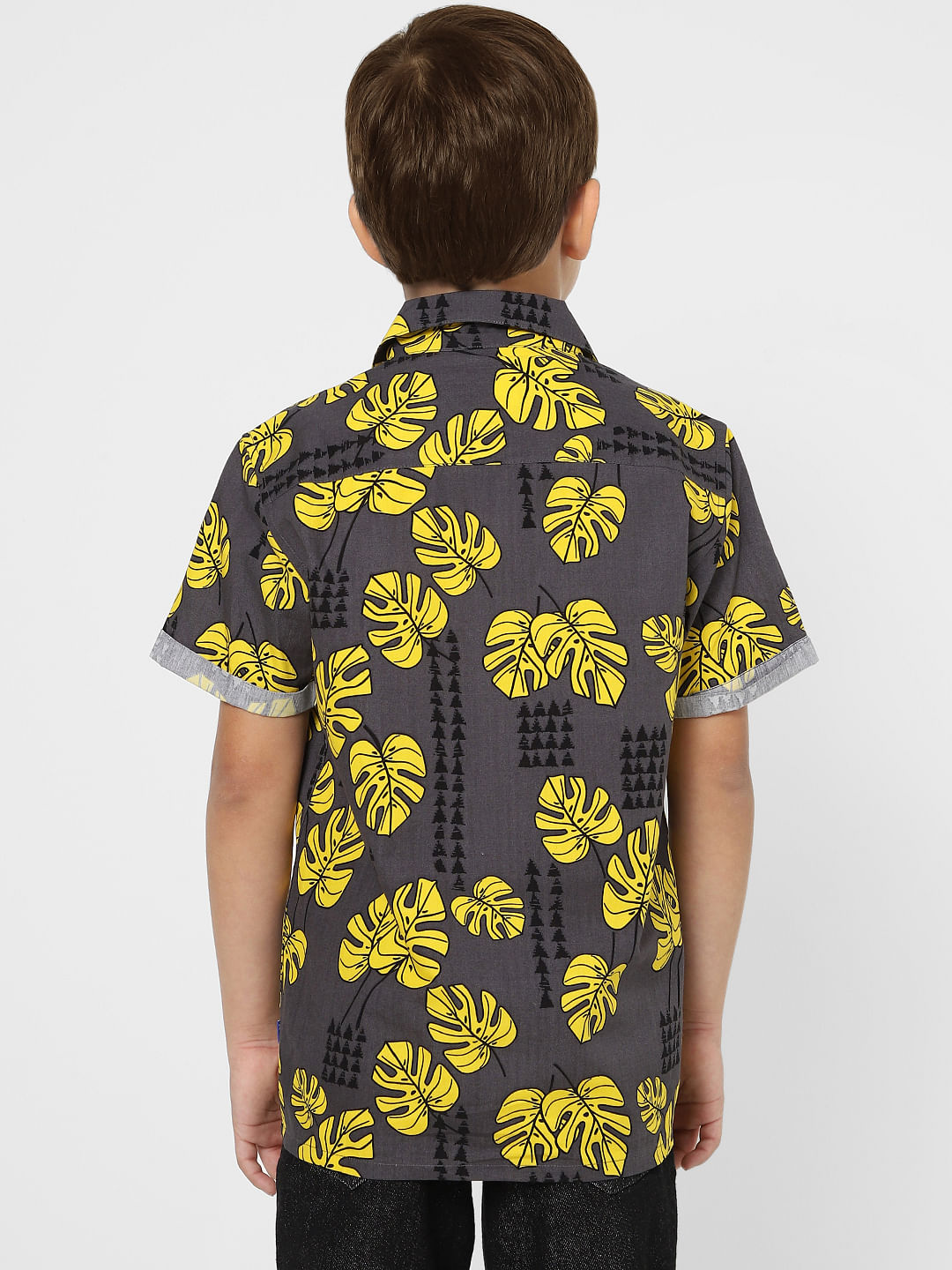 Boys Grey Monstera Print Half Sleeves Shirt
