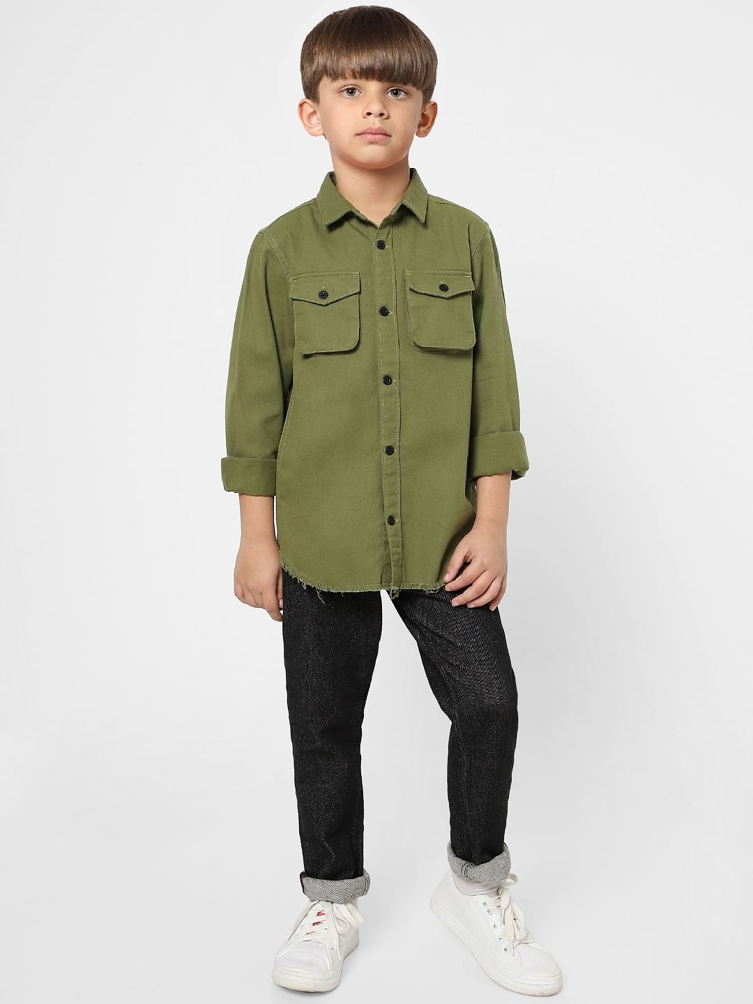 Boys Olive Green Full Sleeves Shirt