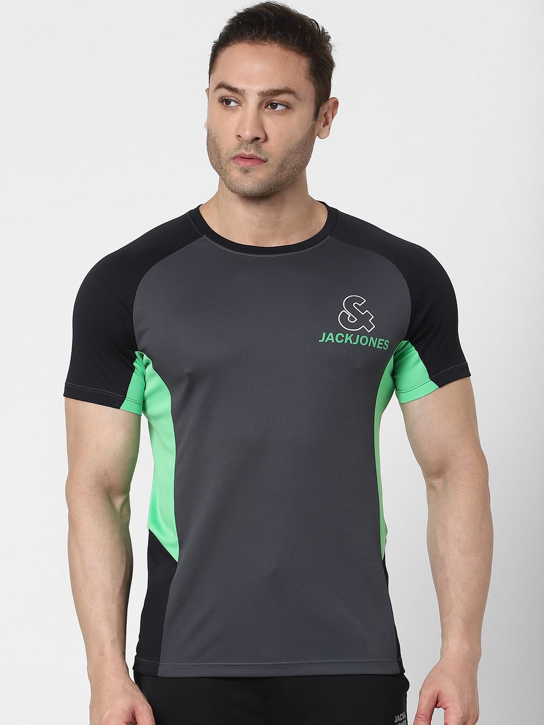 Grey Colourblocked Crew Neck T-shirt