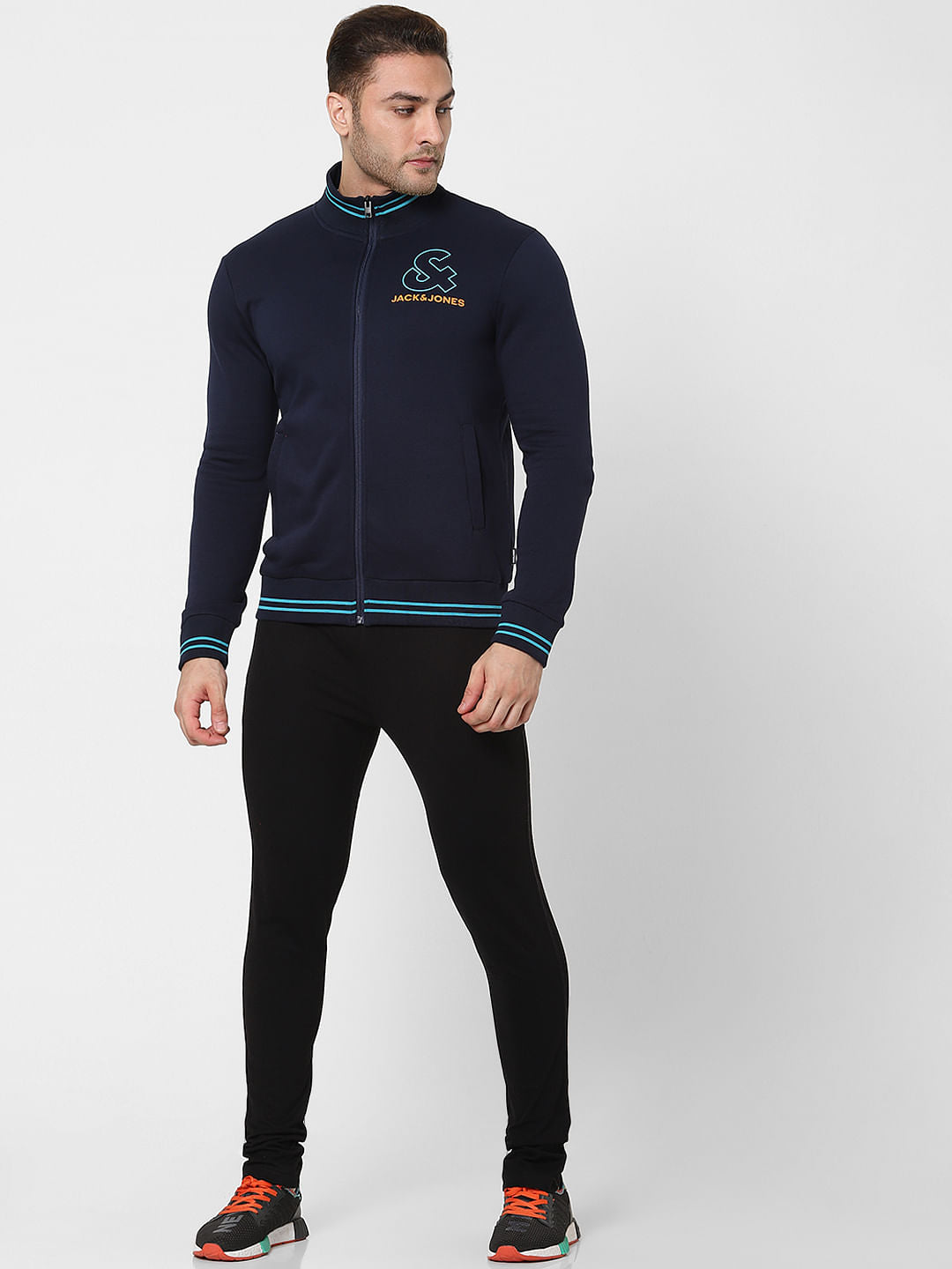 Navy Blue Logo Print Zip Up Sweatshirt - S