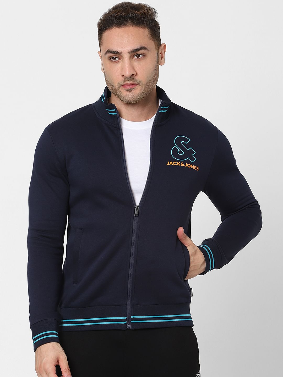 Navy Blue Logo Print Zip Up Sweatshirt