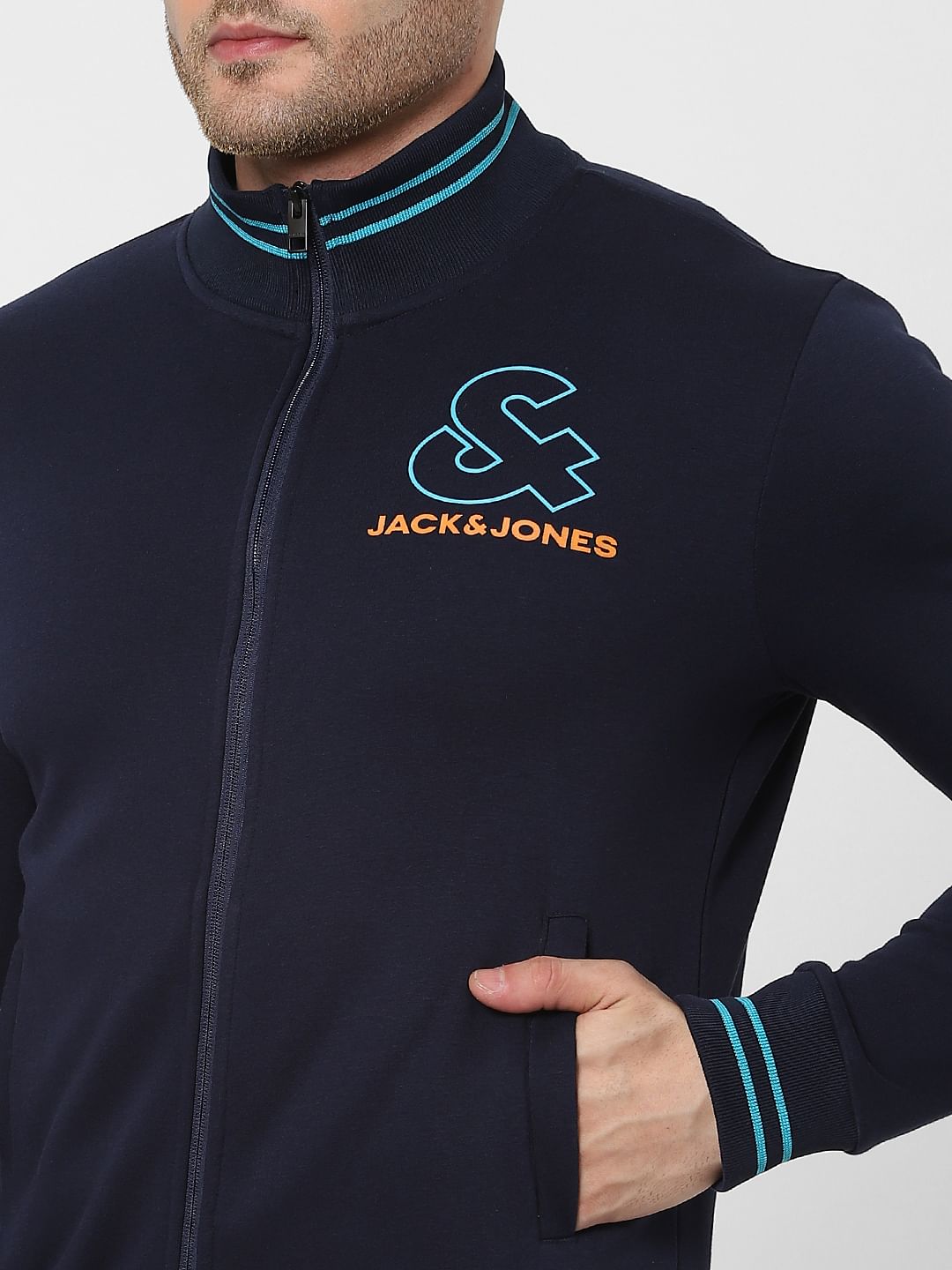Navy Blue Logo Print Zip Up Sweatshirt