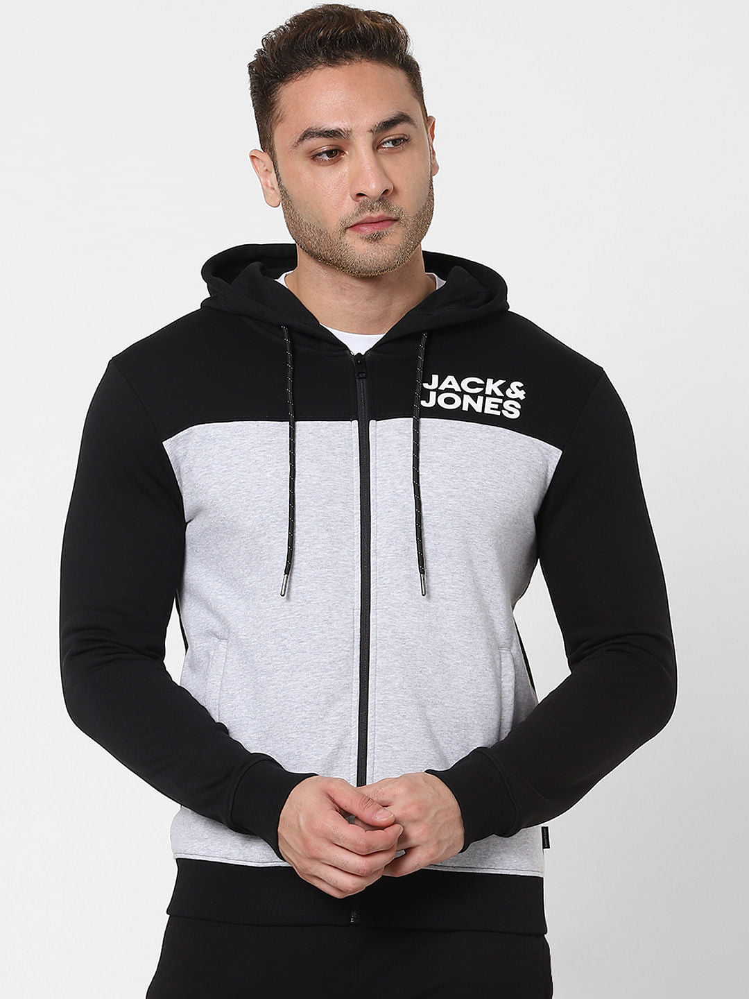 Grey Colourblocked Hooded Sweatshirt
