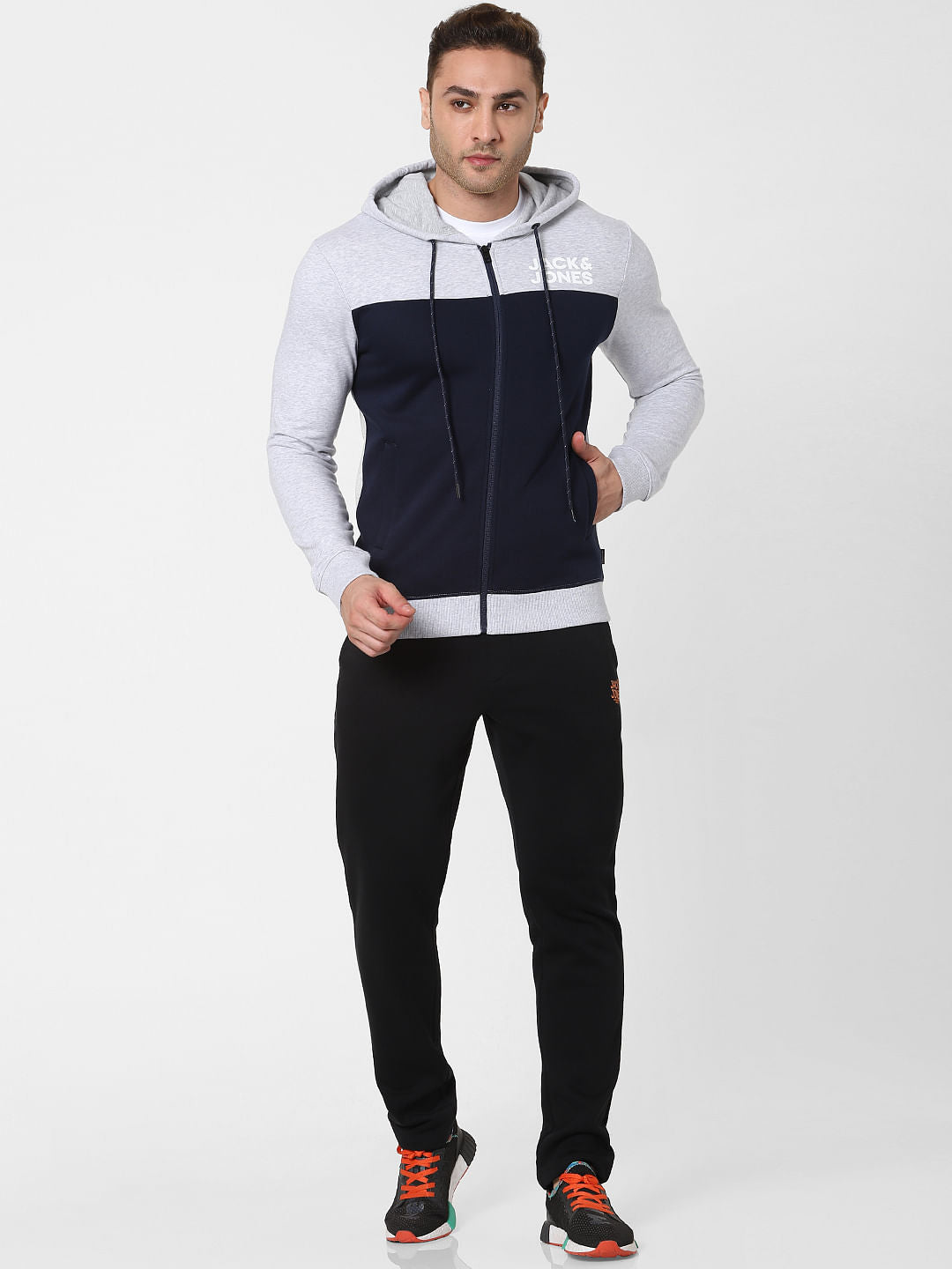 Navy Blue Colourblocked Hooded Sweatshirt - S