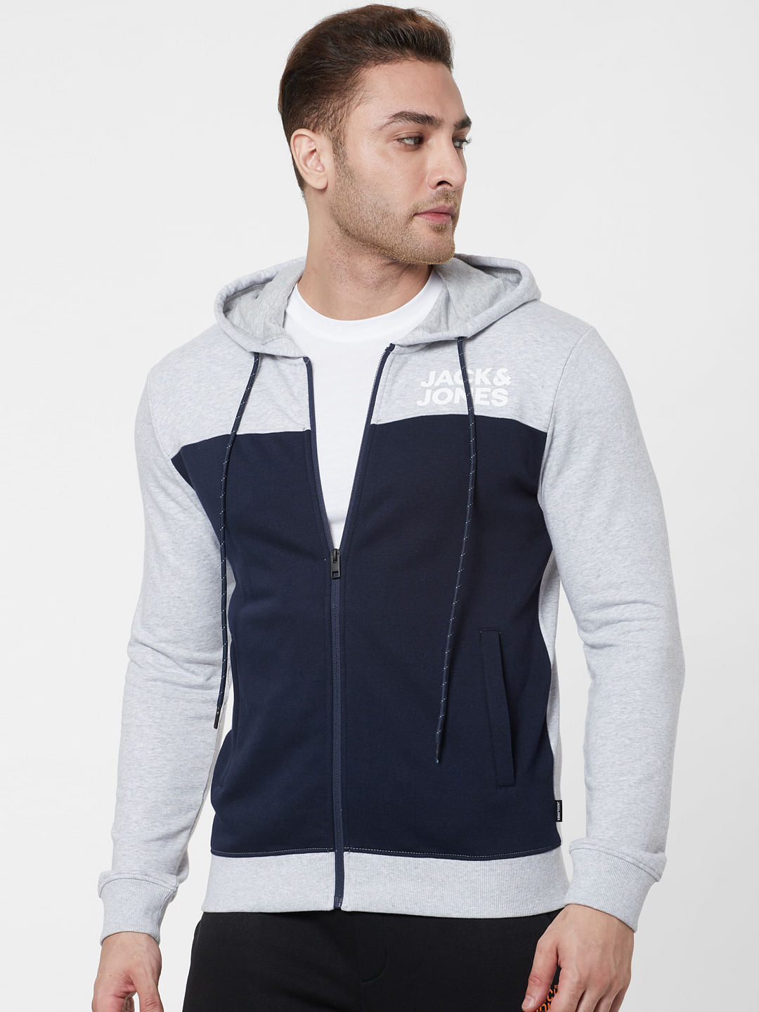 Navy Blue Colourblocked Hooded Sweatshirt
