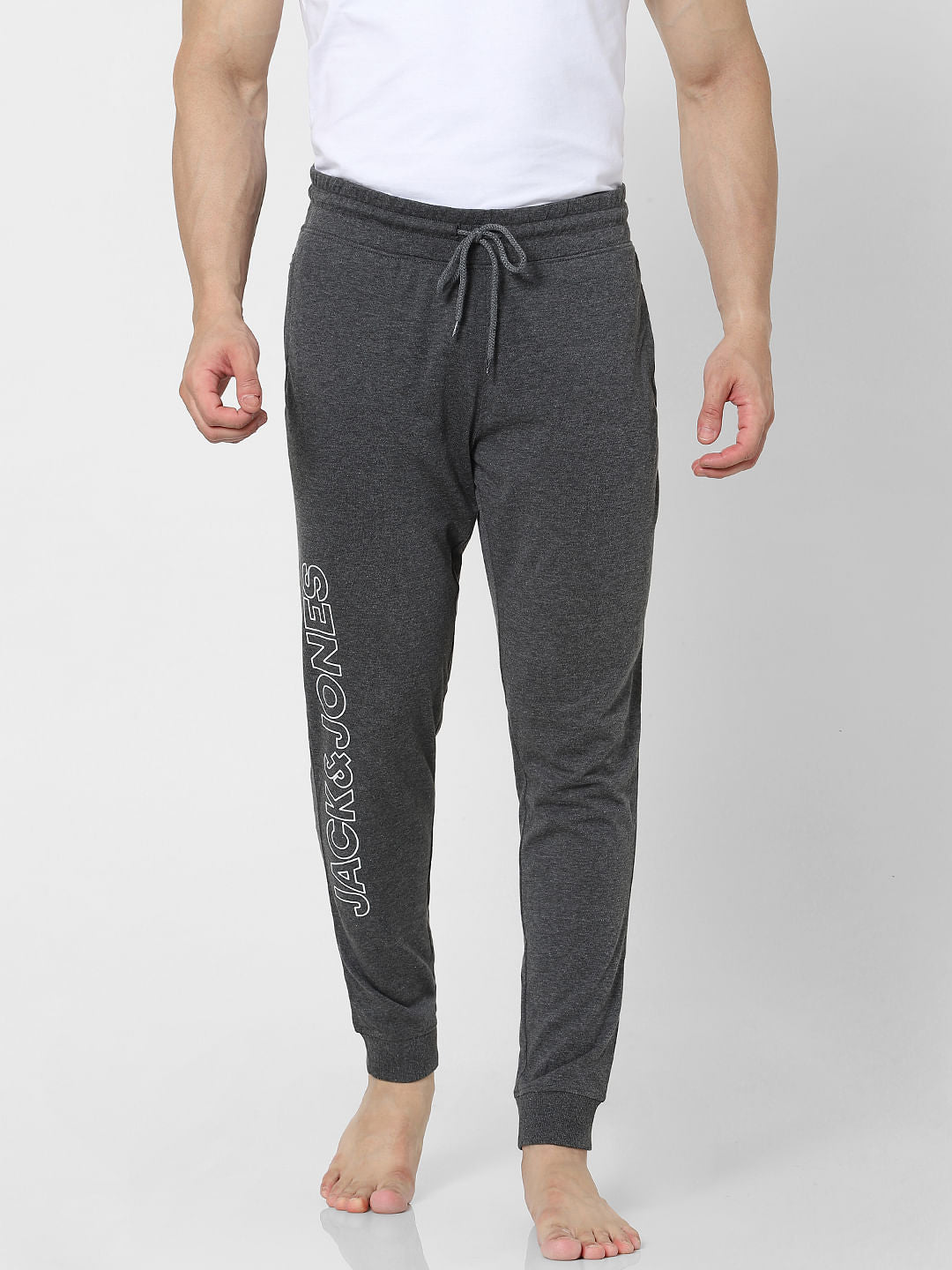 Grey Mid Rise Logo Print Trackpants