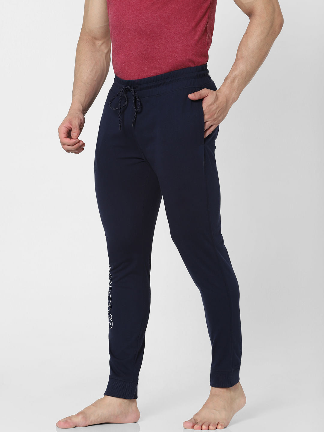 Blue Mid Rise Logo Print Trackpants