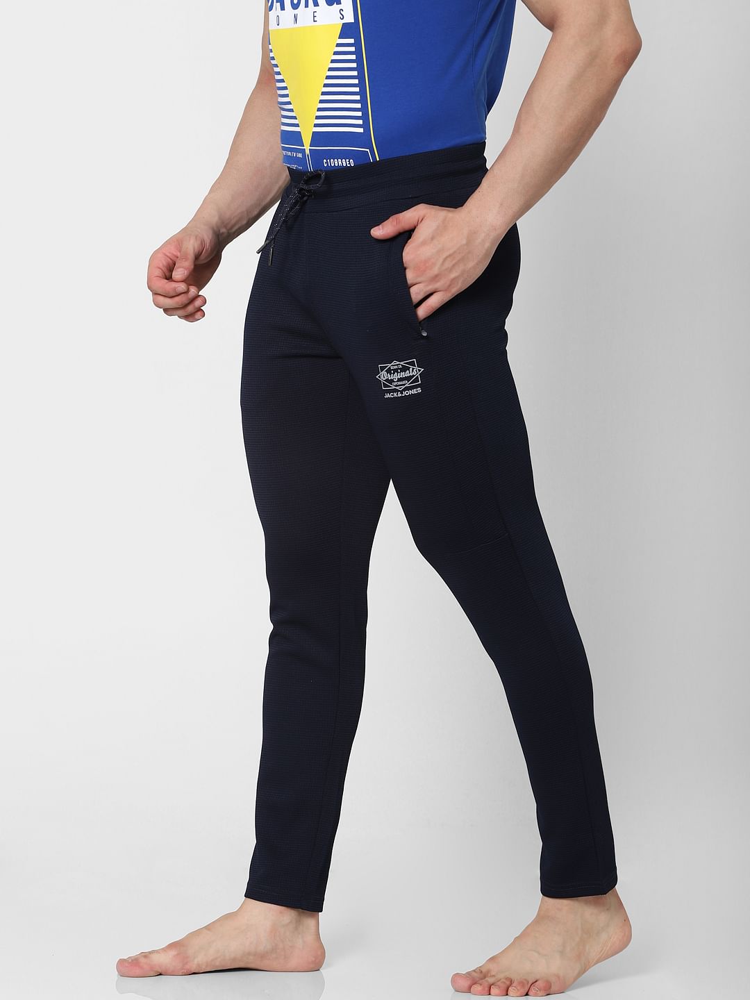 Blue Mid Rise Textured Trackpants