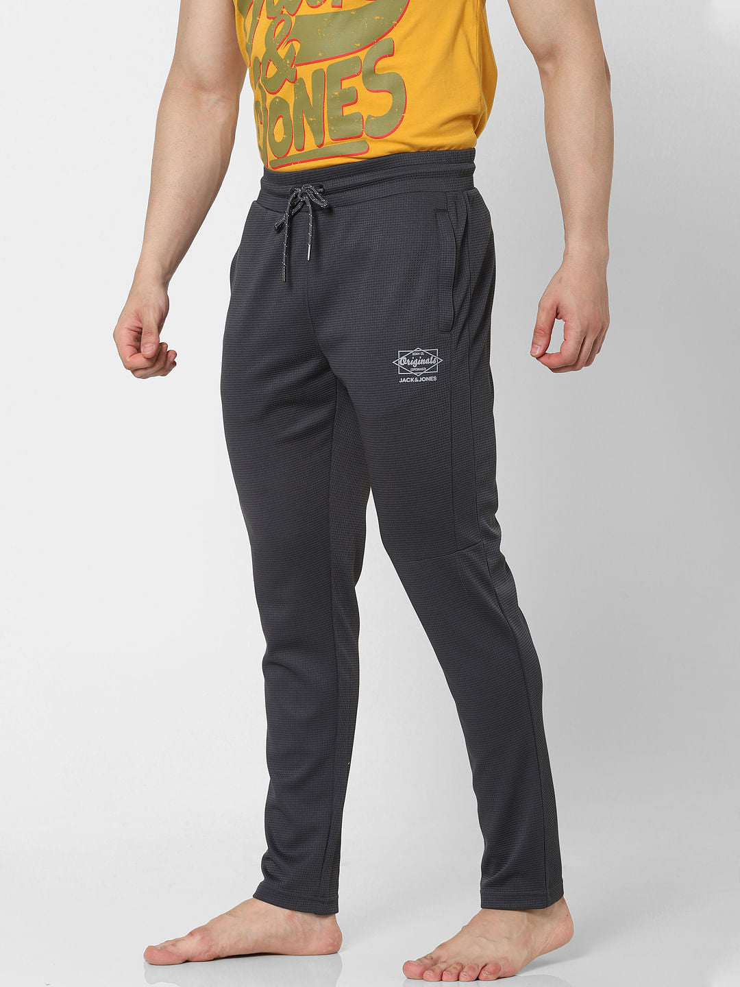Grey Mid Rise Textured Trackpants