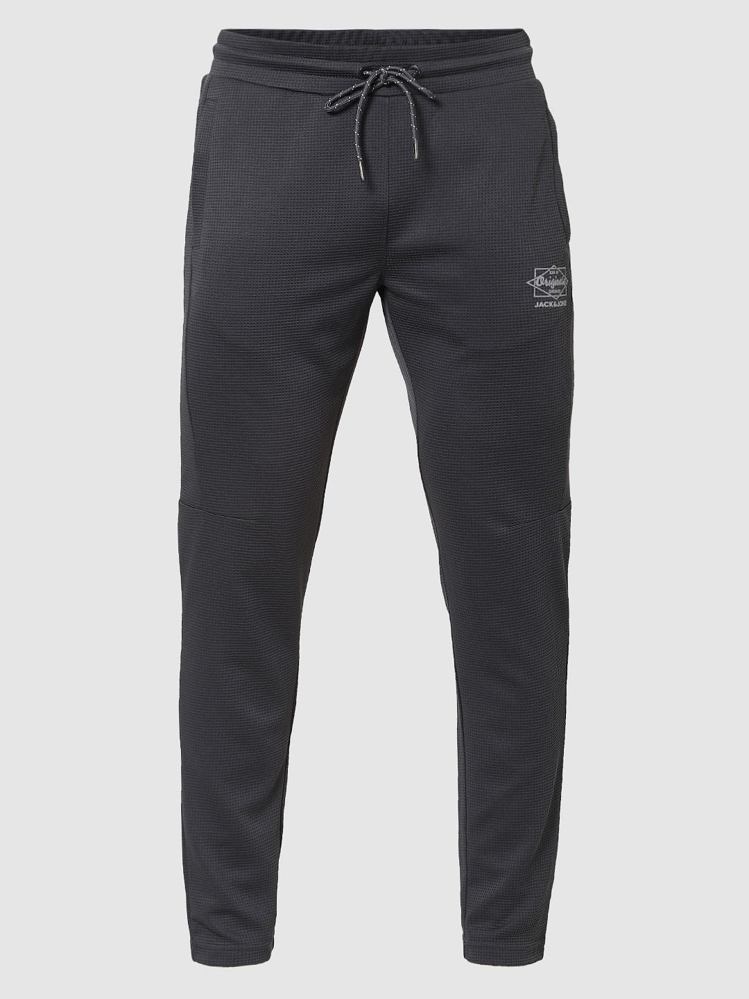 Grey Mid Rise Textured Trackpants