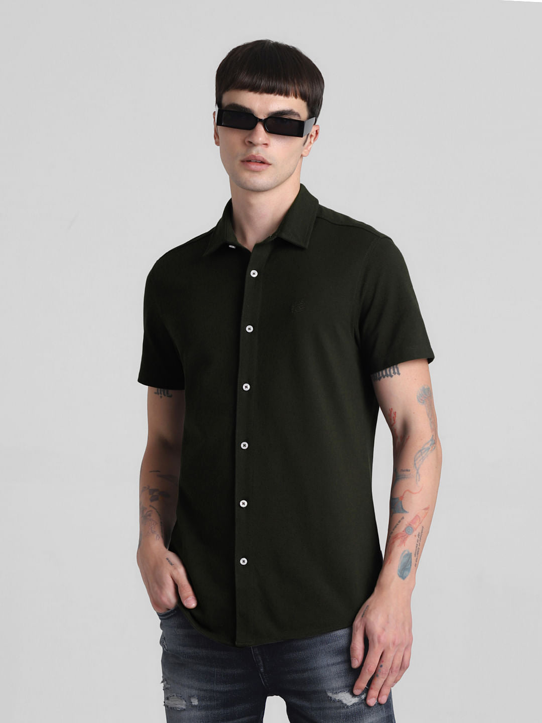 Dark Green Knit Short Sleeves Shirt - S