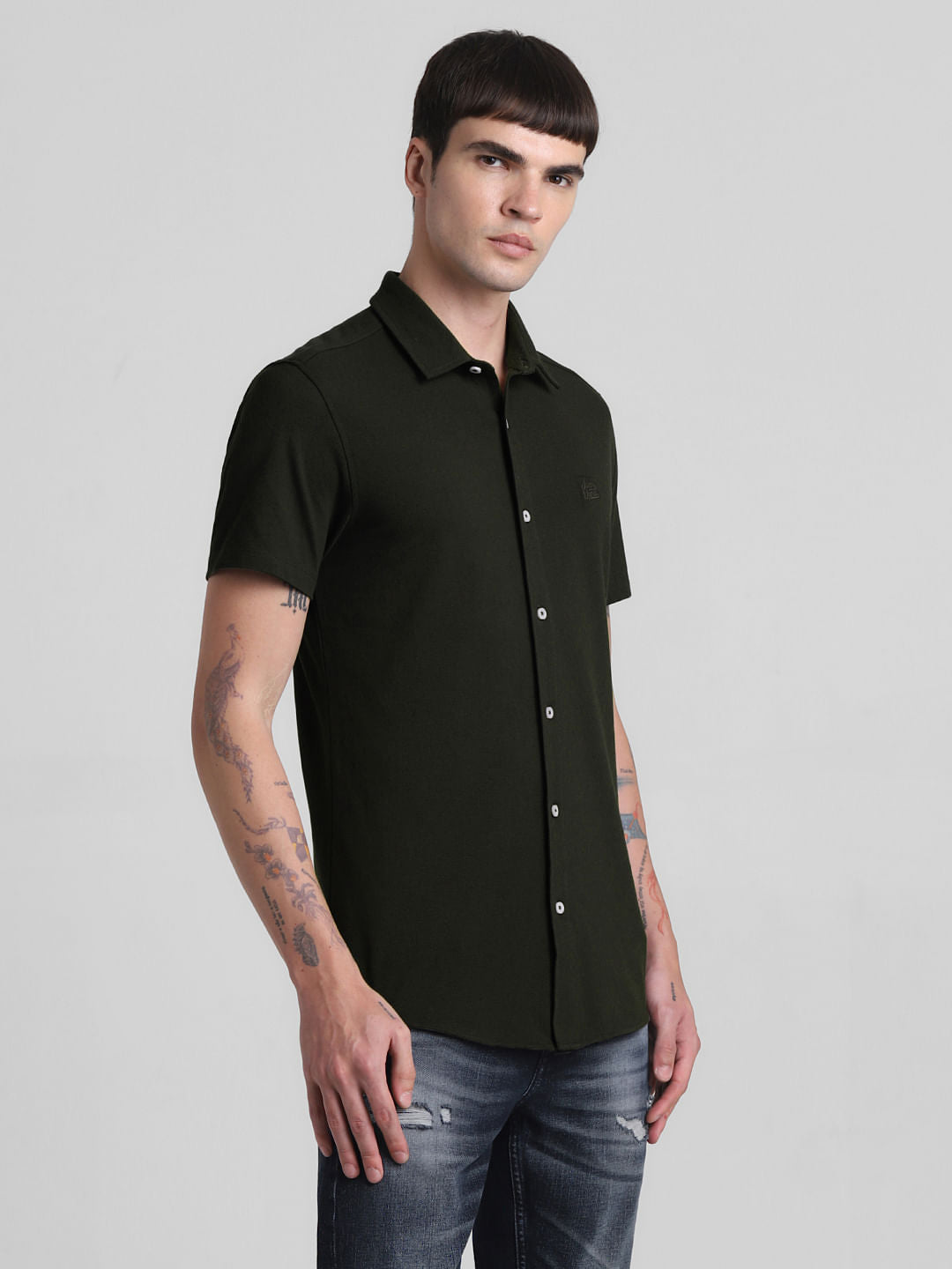 Dark Green Knit Short Sleeves Shirt