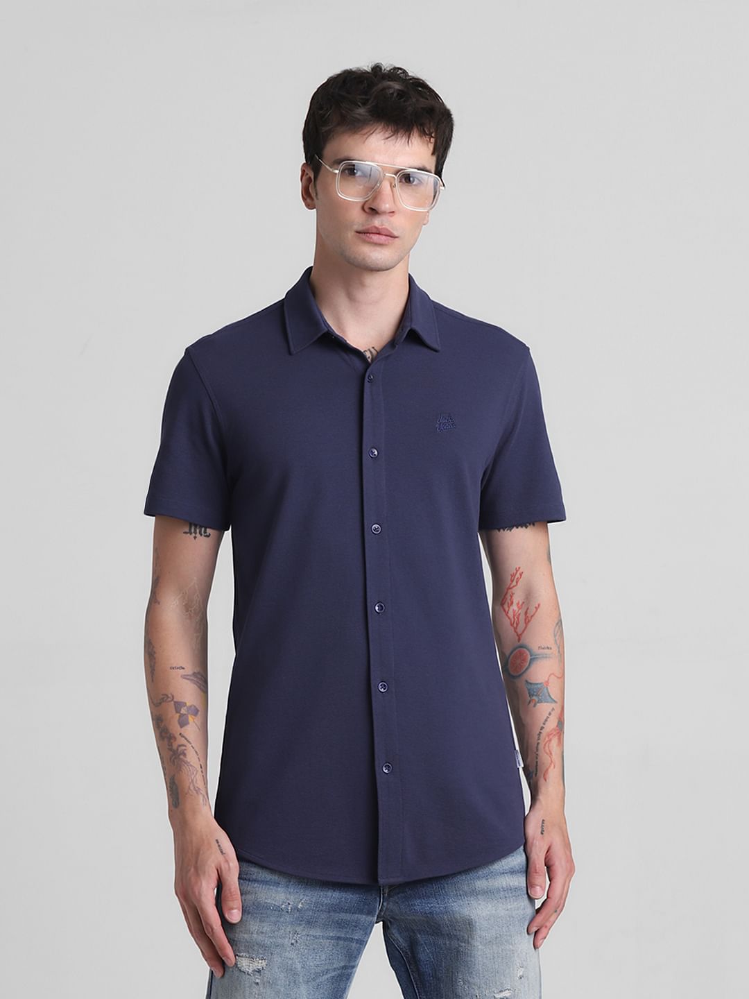 Blue Knitted Short Sleeves Shirt - M