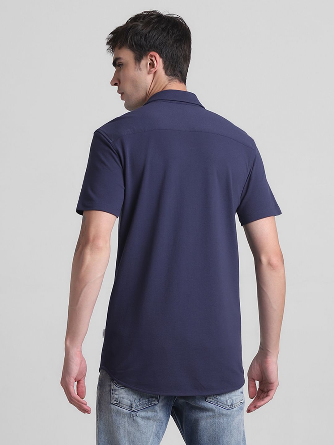 Blue Knitted Short Sleeves Shirt