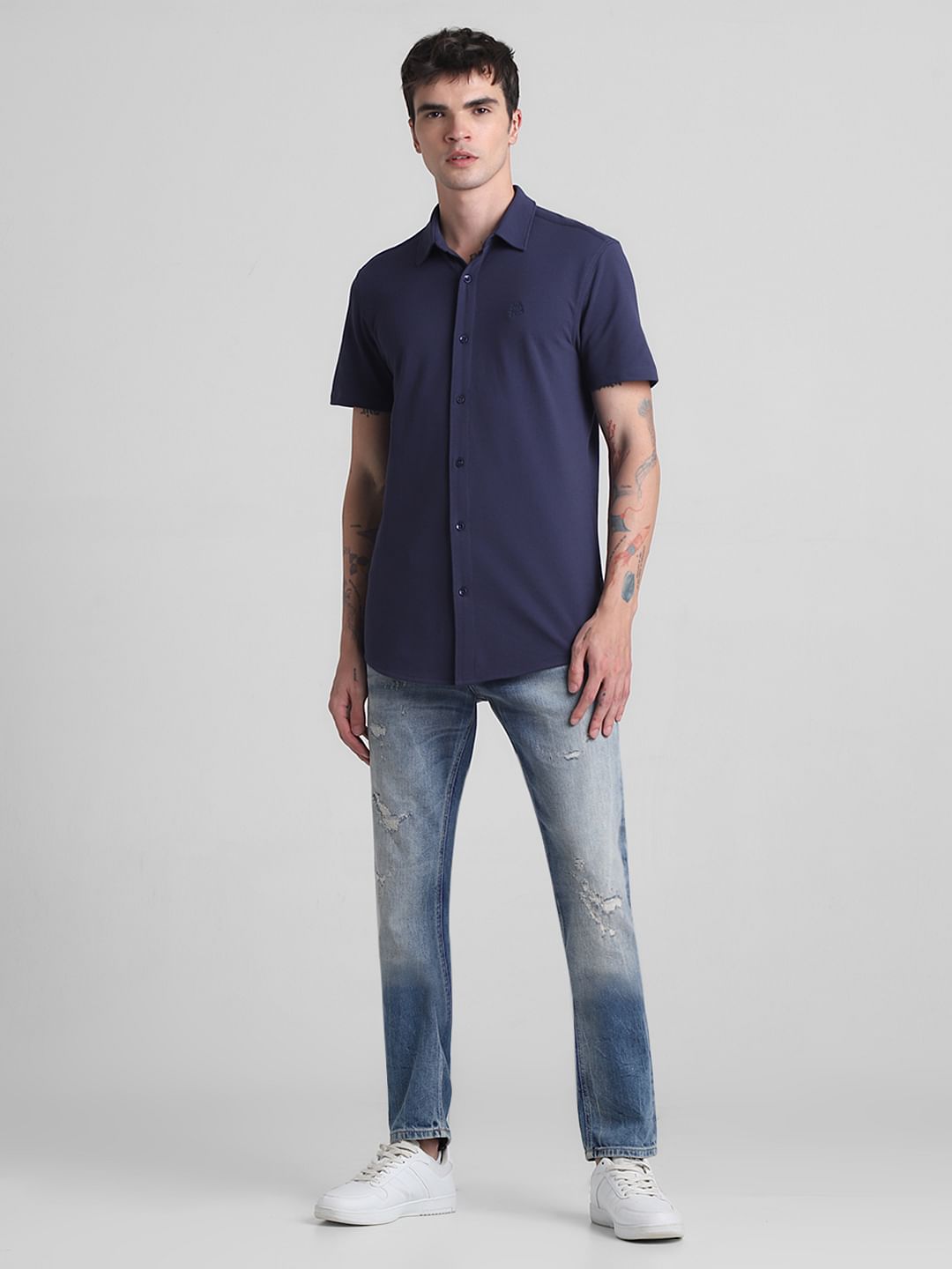 Blue Knitted Short Sleeves Shirt