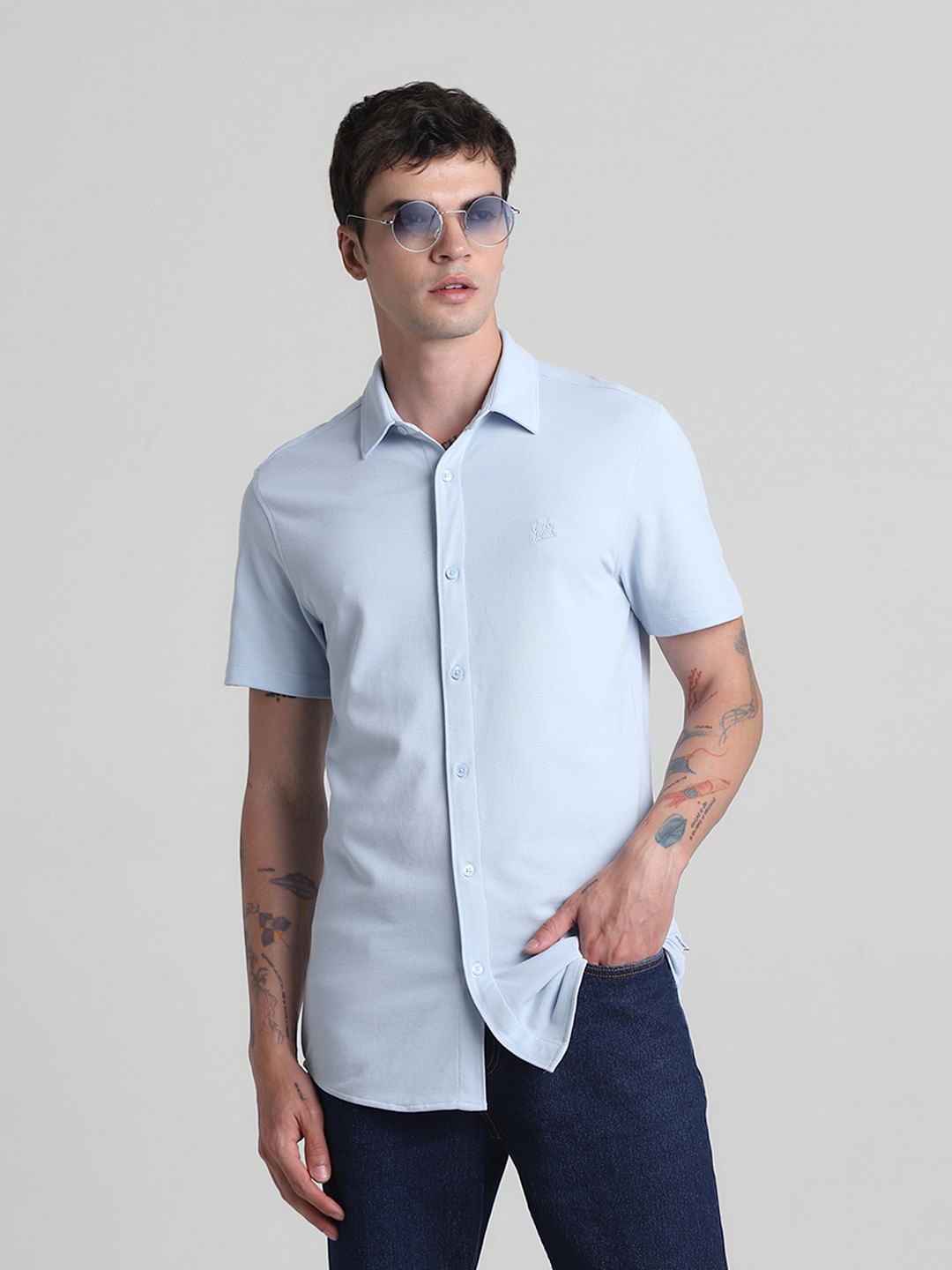 Blue Knitted Short Sleeves Shirt - S
