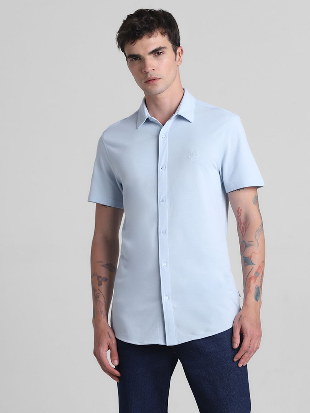 Blue Knitted Short Sleeves Shirt