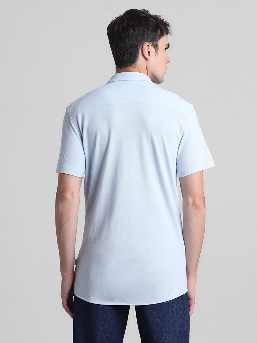 Blue Knitted Short Sleeves Shirt