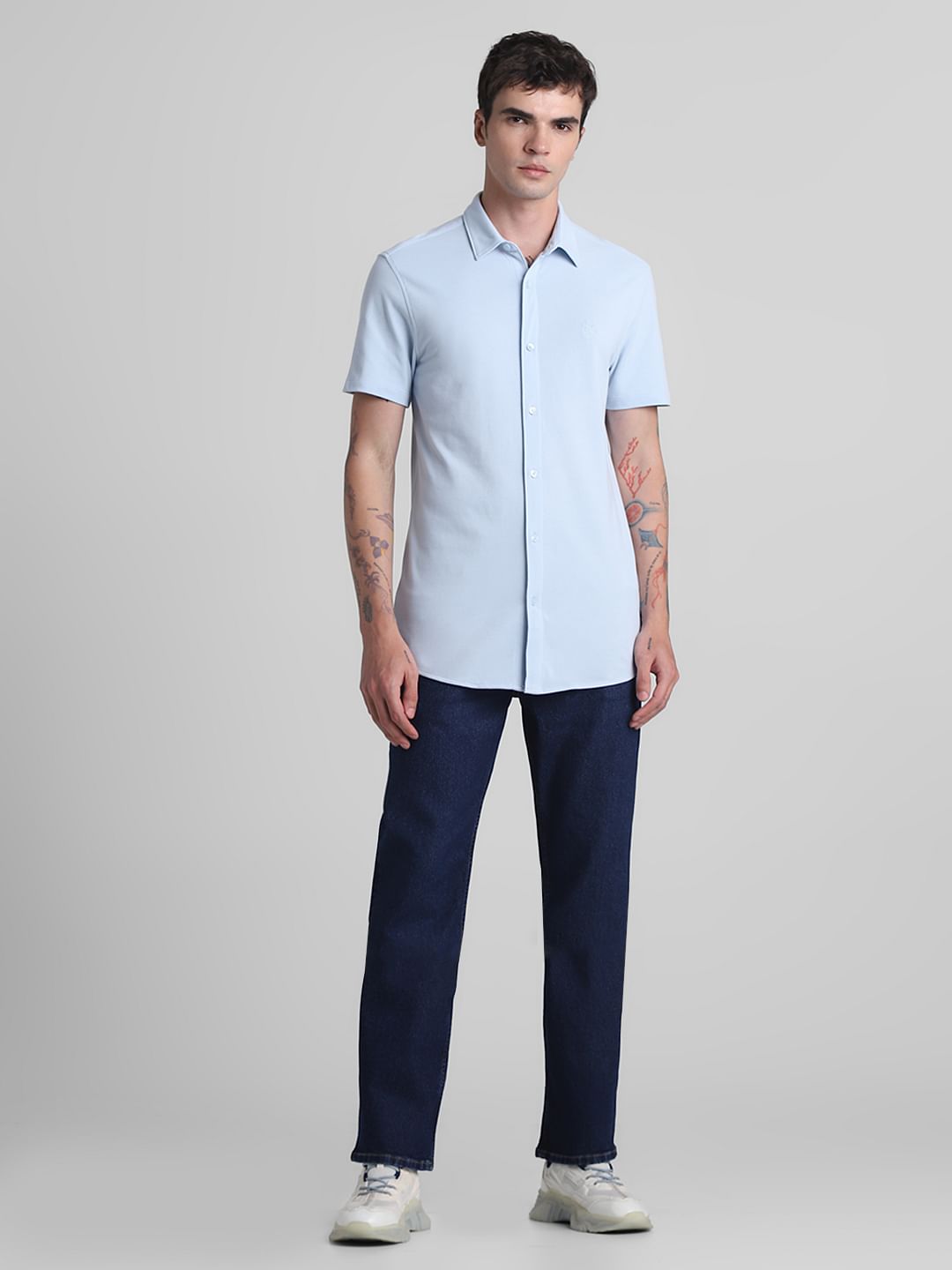 Blue Knitted Short Sleeves Shirt