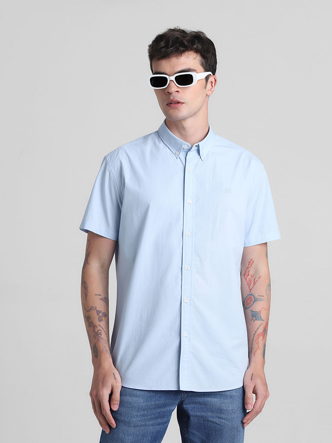 Blue Cotton Short Sleeves Shirt - S
