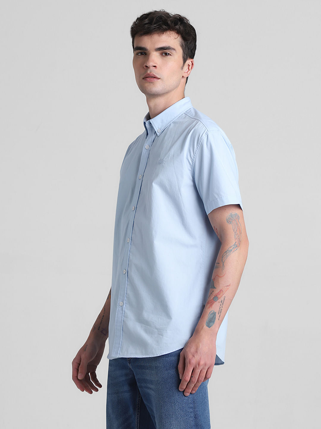 Blue Cotton Short Sleeves Shirt